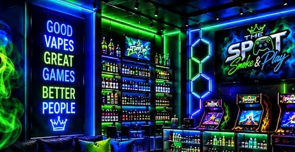 The SPOT store interior — lounge, shelves, and game vibes